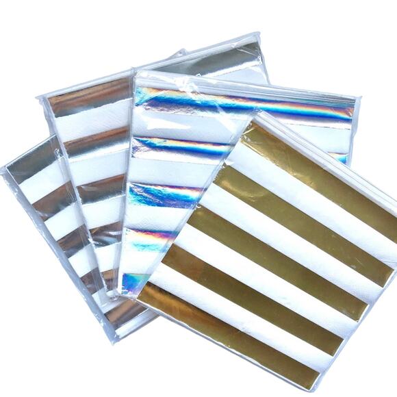 3/$20 NEW White Gold Silver Party Metallic Holigraphic Striped Paper Napkins s/3 - Picture 2 of 5